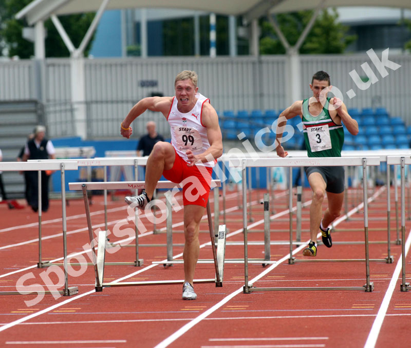 Matt Hudsonn (City of Sheffield) winner of the senior 110 metres hurdles, Northern Championships, Sport City, Manchester